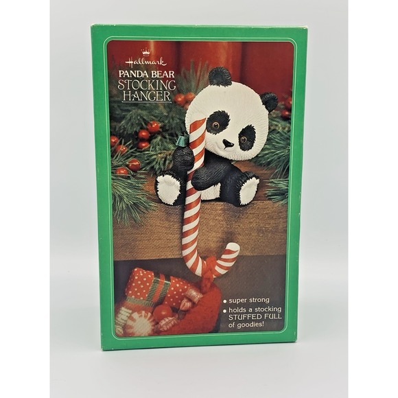 VTG 1980s Hallmark Panda Bear Candy Cane Christmas Stocking Hanger Holder In Box - Picture 6 of 9